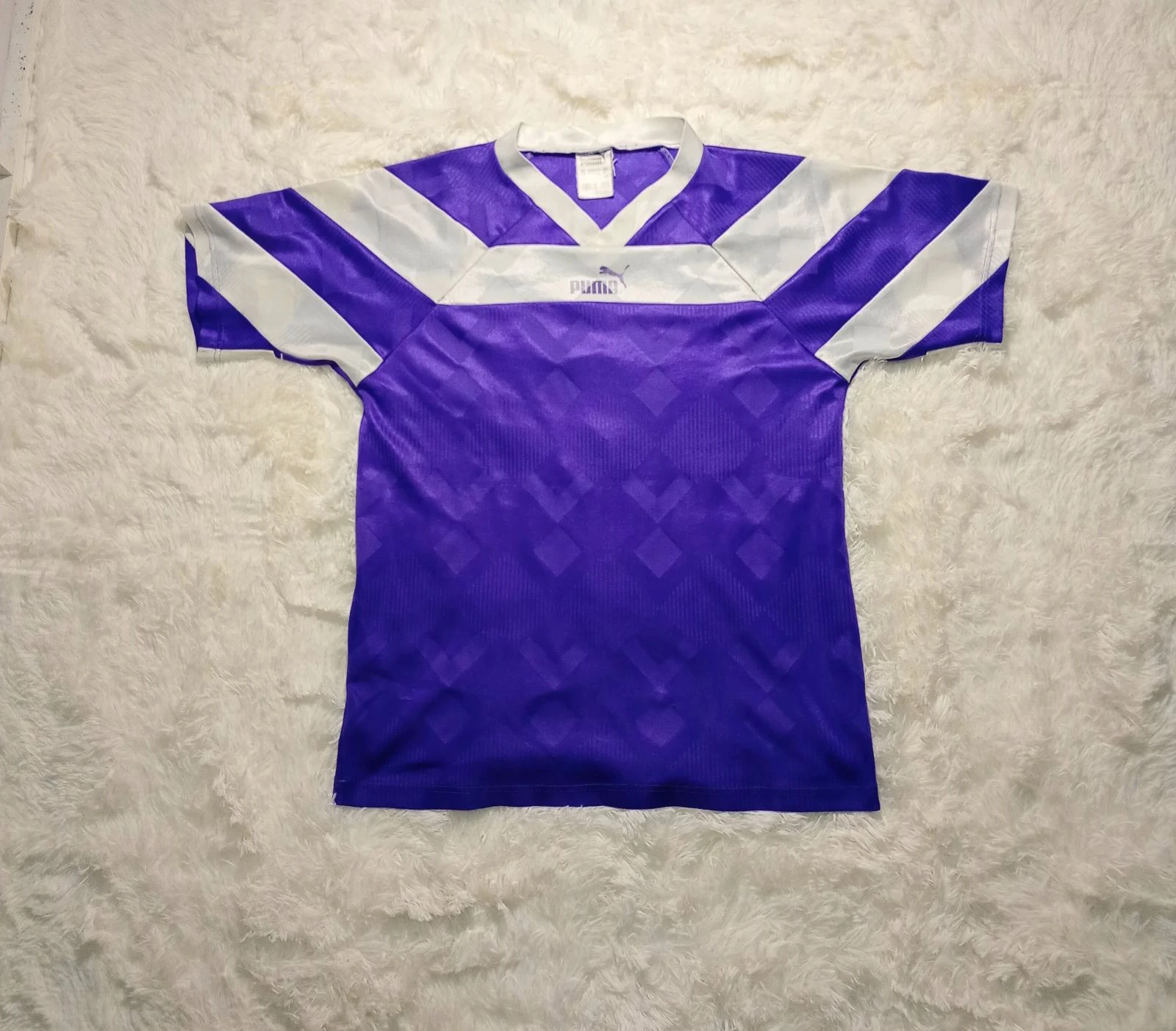 Camisa de futebol vintage anos 90 da Puma roxa branca gola V tamanho P – photo 9